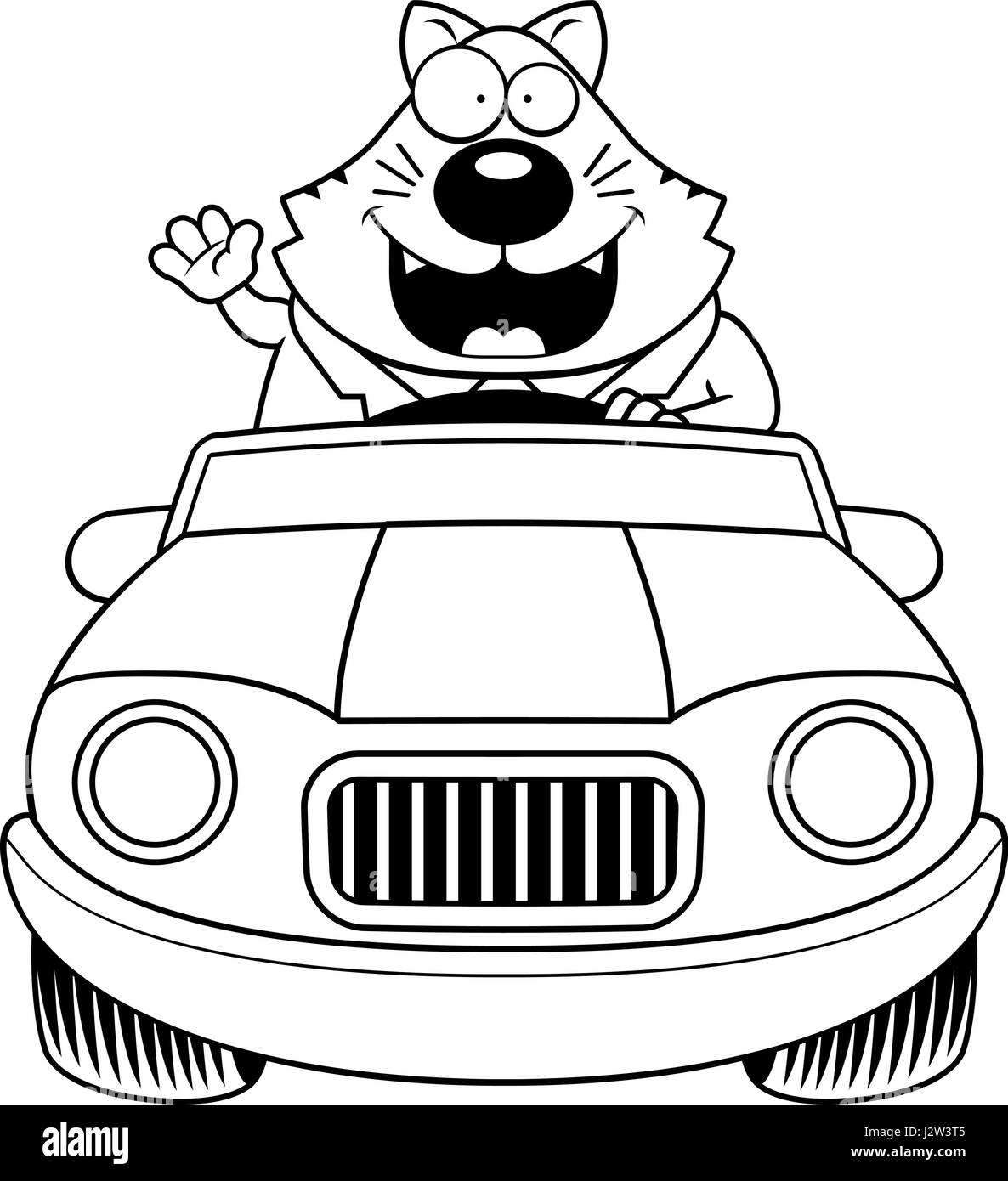 Un cartoon illustration d'un gros chat à la conduite d'une voiture et en agitant. Illustration de Vecteur