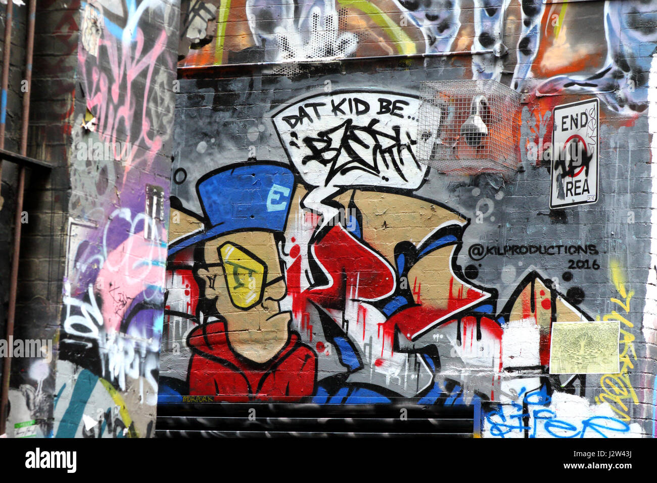 Street Art urbain autour de Hosier Lane et AC/DC Lane, Melbourne, Victoria, Australie le 11 mai 2016 Photo de Keith Mayhew Banque D'Images