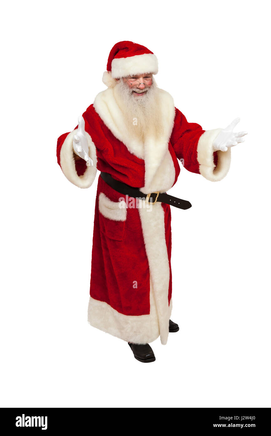 Père Noël avec du vrai beard accueille chaleureusement une personne (isolé) Banque D'Images