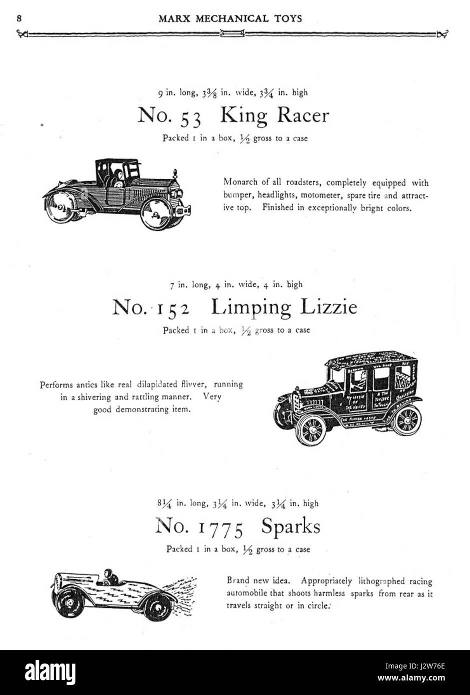 Page 8 du catalogue de jouets mécaniques Marx 1930, présentant divers jouets mécaniques produits par Marx Toy Company. Ce catalogue sert de référence historique pour la production et la conception de jouets au début du XXe siècle. Banque D'Images