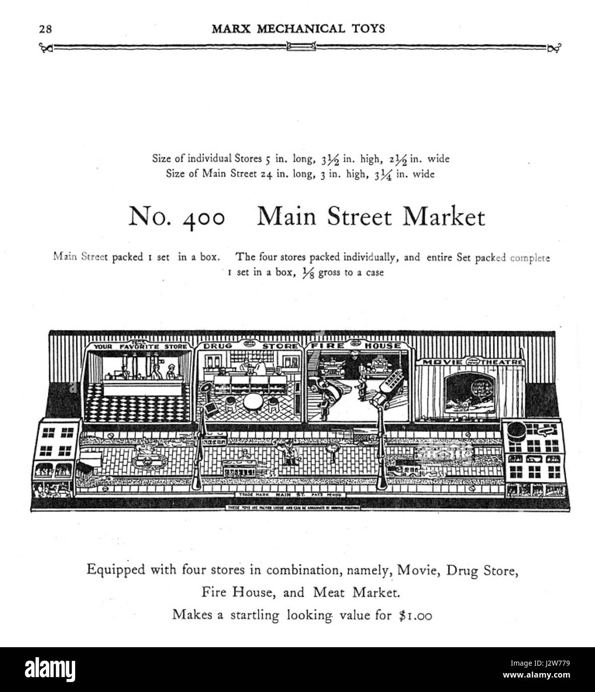 Ceci est une page de catalogue de la collection Marx Mechanical Toys 1930, présentant une variété de jouets mécaniques, importants dans l'industrie du jouet du début du XXe siècle. Banque D'Images