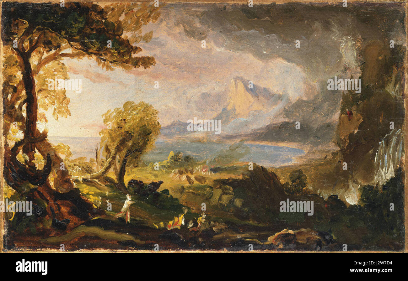 Cette peinture de Thomas Cole, intitulée 'Study for the course of Empire : The Savage State', explore les thèmes de la nature et de la civilisation humaine dans son état primitif, intact, faisant partie d'une série sur le développement sociétal. Banque D'Images