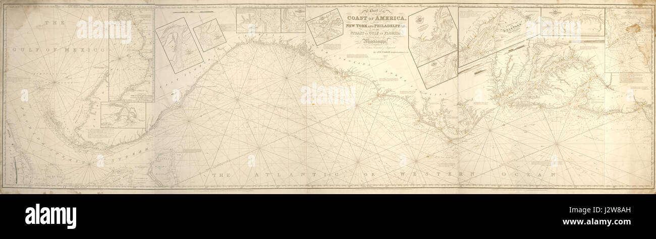 La carte, « A chart of the Coast of America », représente la côte de New York et Philadelphie jusqu'au golfe de Floride et au Mississippi. Il comprend des corrections et des mises à jour apportées par J.W. Norie, reflétant les progrès de la navigation maritime et servant d'outil historique précieux pour la navigation au XIXe siècle. Banque D'Images