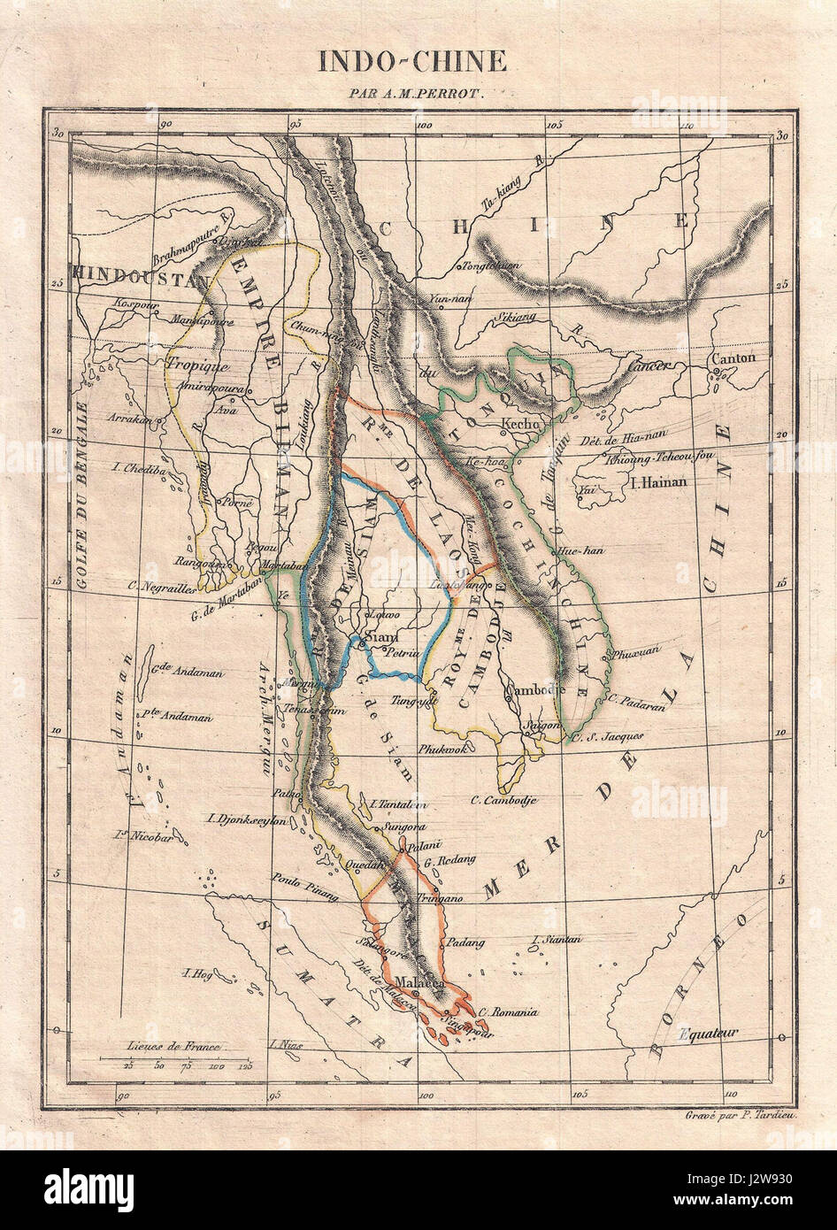La carte Perrot de l'Indochine de 1850, créée par Perrot, fournit une représentation géographique détaillée de l'Asie du Sud-est. Cette carte met en évidence les divisions politiques et les régions de l'époque. Banque D'Images