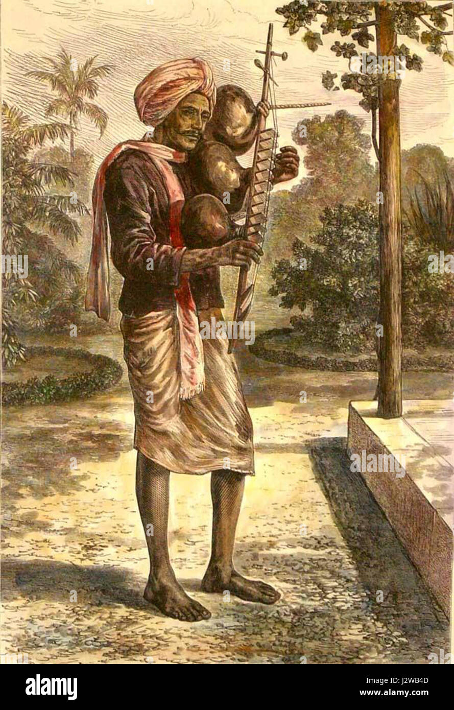 Cette image montre un chanteur du XIXe siècle en promenade de Madras jouant un Tingadee, un instrument de musique traditionnel de l'Inde du Sud. Le Tingadee, couramment utilisé dans les spectacles folkloriques, faisait partie intégrante des répertoires des musiciens de rue dans l'Inde coloniale, reflétant le dynamisme culturel de la région à l'époque britannique. Banque D'Images