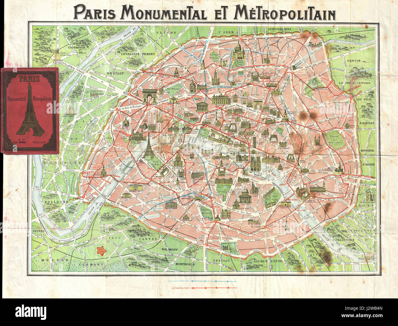 Cette carte de 1920 de Robelin montre Paris, France au début du XXe siècle, avec des plans détaillés des rues, des parcs et des monuments de la capitale française. Banque D'Images