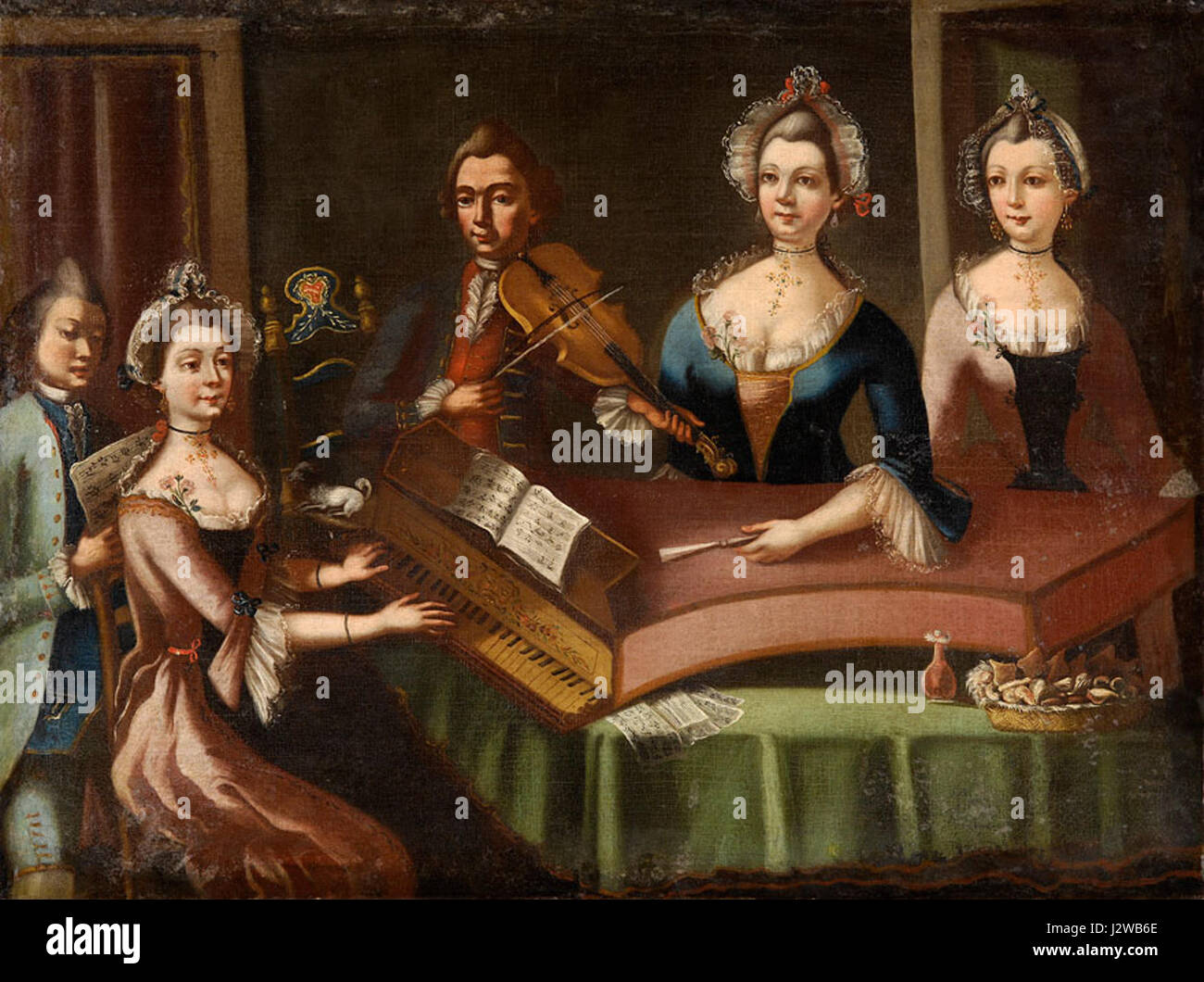 Un concert maison du XVIIIe siècle, un événement musical privé organisé dans une résidence, mettant en valeur l'importance culturelle de la musique dans les rassemblements privés de l'époque. Ce style de concert était populaire dans les cercles aristocratiques européens. Banque D'Images