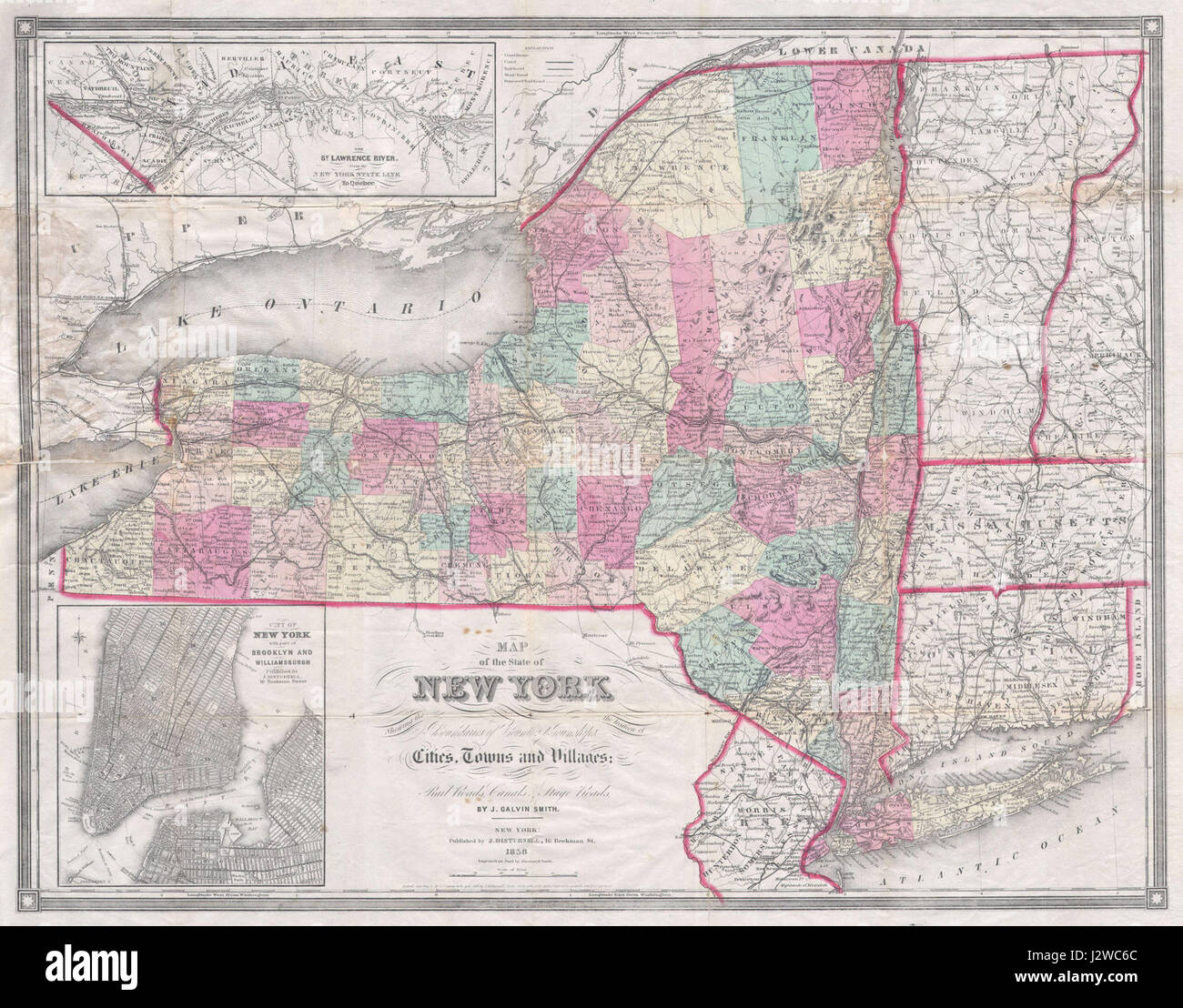 Une carte de poche de 1858 de l'État de New York, du Vermont, du Connecticut et de parties des états voisins, créée par J. Calvin Smith et J. Disturnell, avec des encarts du fleuve Lawrence et de la ville de New York. Banque D'Images
