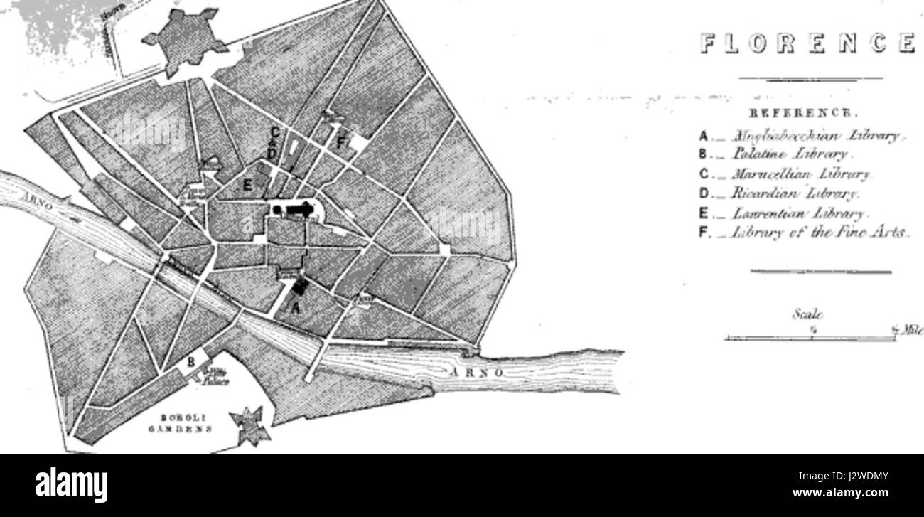 Cette carte de 1849 met en évidence les bibliothèques publiques de Florence, en Italie, dans le cadre d'une enquête menée par la Commission spéciale de la Chambre des communes. Il offre un aperçu de l'infrastructure culturelle et éducative de Florence au XIXe siècle. Banque D'Images
