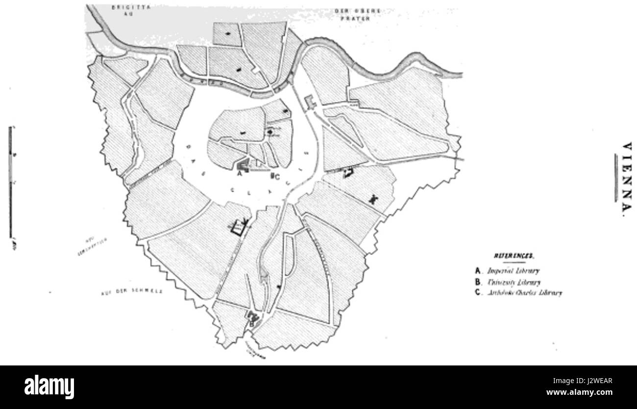 Cette carte de 1849 des bibliothèques publiques de Viennaâ™montre la disposition et la répartition des bibliothèques à travers la ville, telle qu'analysée par le Comité spécial de la Chambre des communes. Il fournit une représentation détaillée de l'infrastructure des bibliothèques de la ville au XIXe siècle. Banque D'Images