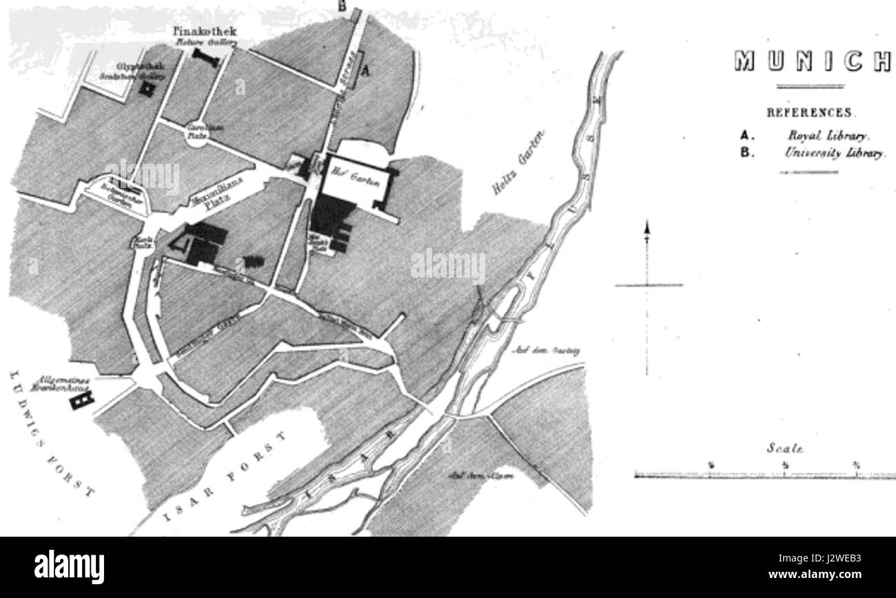 Cette carte de 1849 illustre les bibliothèques publiques de Munich, en Allemagne, fournissant un contexte historique sur le développement de l'éducation publique et des bibliothèques au XIXe siècle. Banque D'Images