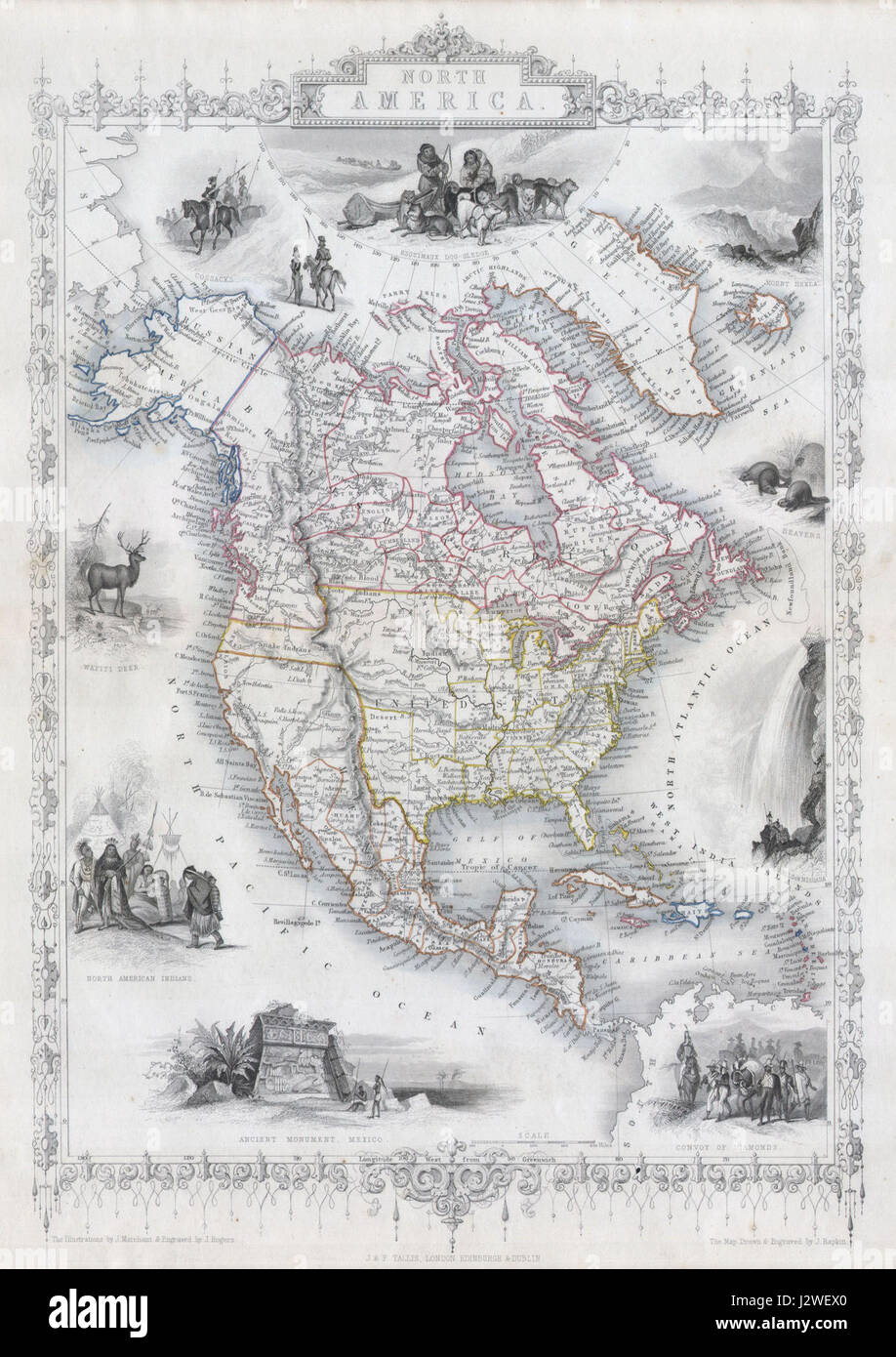 La carte de Tallis de 1850 de l'Amérique du Nord montre la configuration géographique du continent au milieu du XIXe siècle, mettant en évidence le Texas dans sa totalité territoriale. C'est un artefact historique important pour comprendre la géographie nord-américaine. Banque D'Images