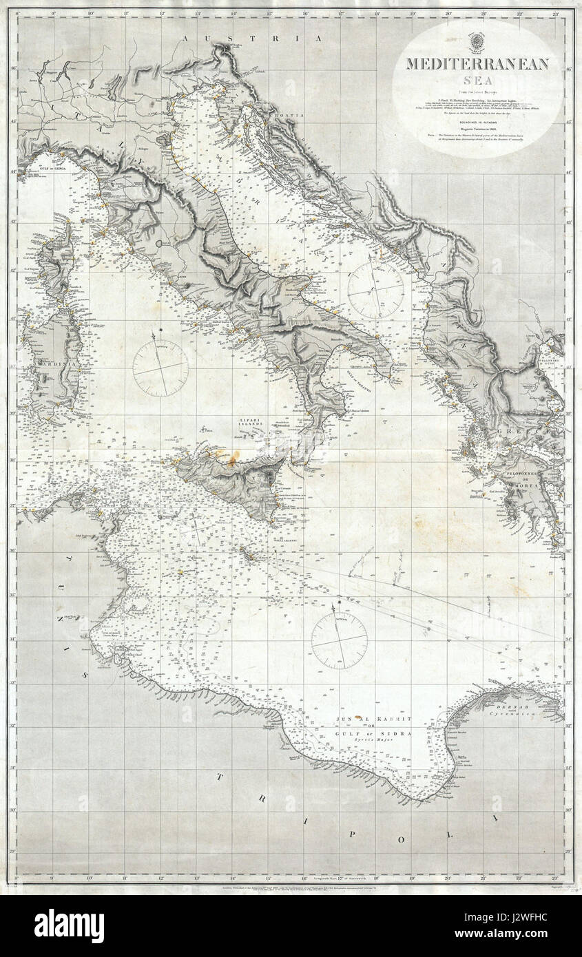 1868 Carte de l'Amirauté britannique ou carte de la mer Méditerranée (Italie, Corse, Grèce, Tunisie) - Geographicus - MediterraneanSea-amirauté-1868 Banque D'Images