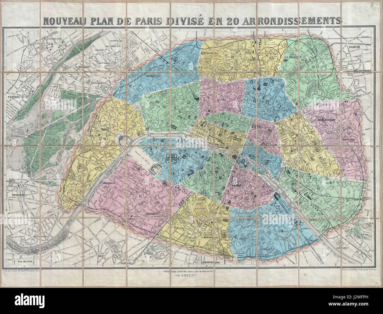 Ce titre fait référence à une carte de poche détaillée ou plan de Paris de 1881, réalisée par Lefèvre. Il met en évidence la disposition et la structure de la ville pendant cette période. Banque D'Images