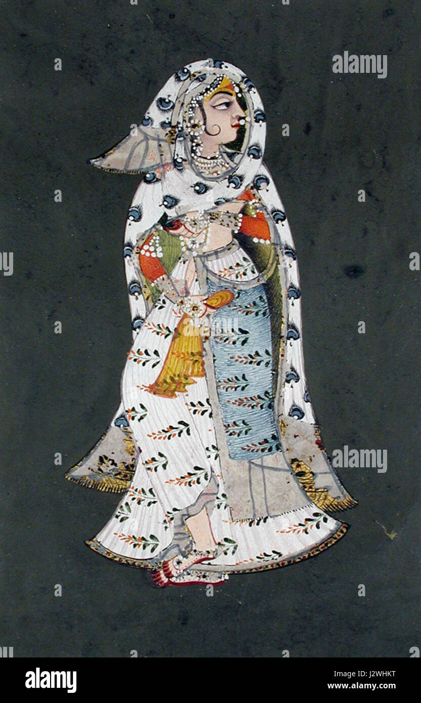 Cette œuvre d'art du XVIIIe siècle représente une femme debout dans un sari blanc à motifs floraux avec un manteau à motif paon-panache. La pièce est conservée au San Diego Museum of Art. Banque D'Images