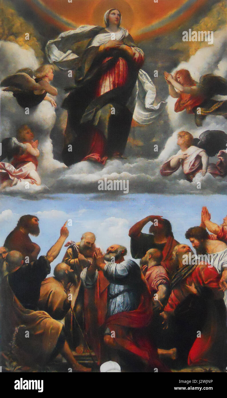 Une peinture religieuse intitulée 'Assunzione della Vergine' (Assomption de la Vierge) de l'artiste Moretto, située dans le Duomo Vecchio, en Italie, représentant l'ascension de la Vierge Marie au ciel. Banque D'Images
