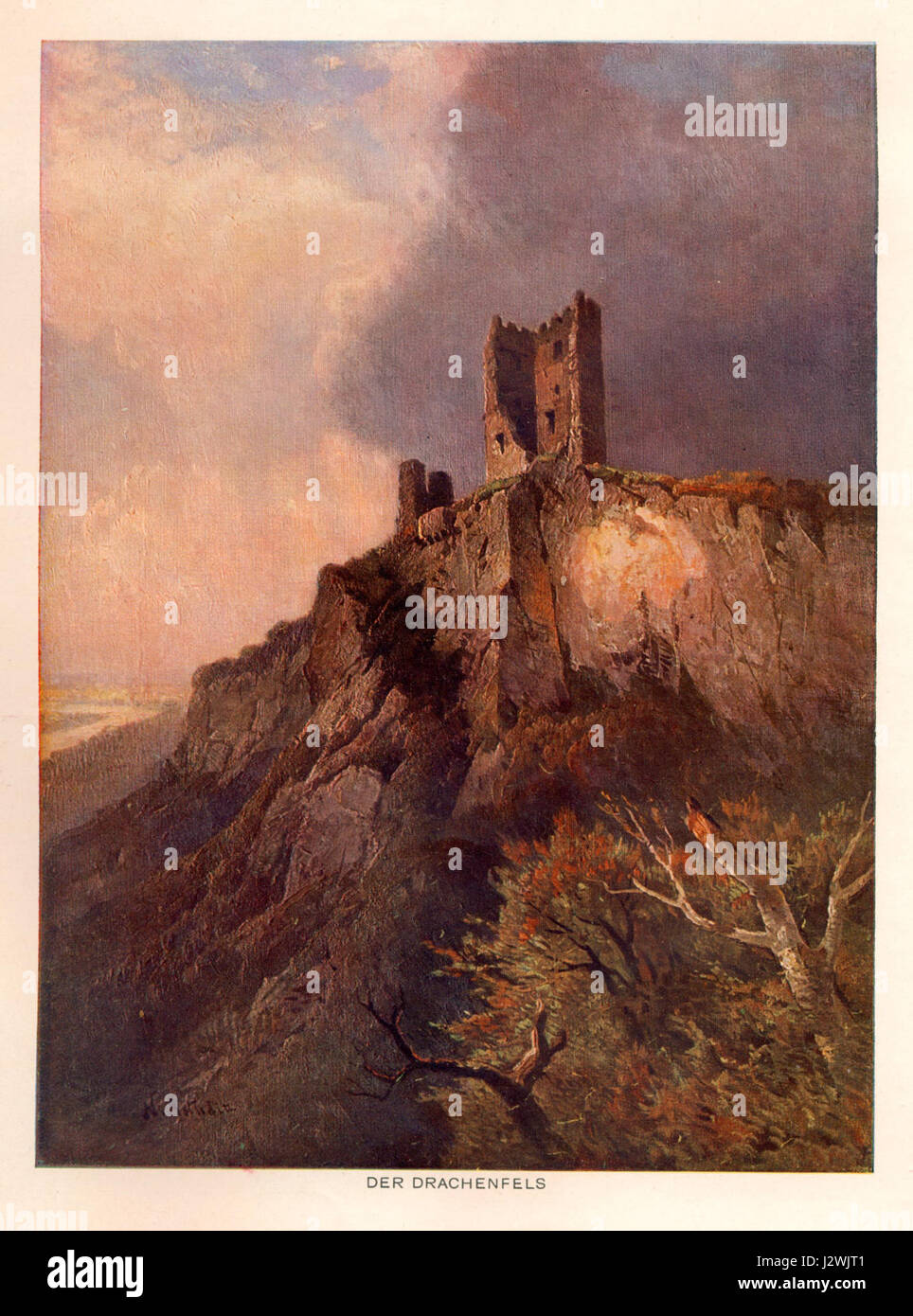 Drachenfels est une colline et un château situés dans la chaîne de montagnes Siebengebirge près de Bonn, en Allemagne. Elle est connue pour son histoire médiévale et son lien avec la légende du dragon de Drachenfels. Banque D'Images