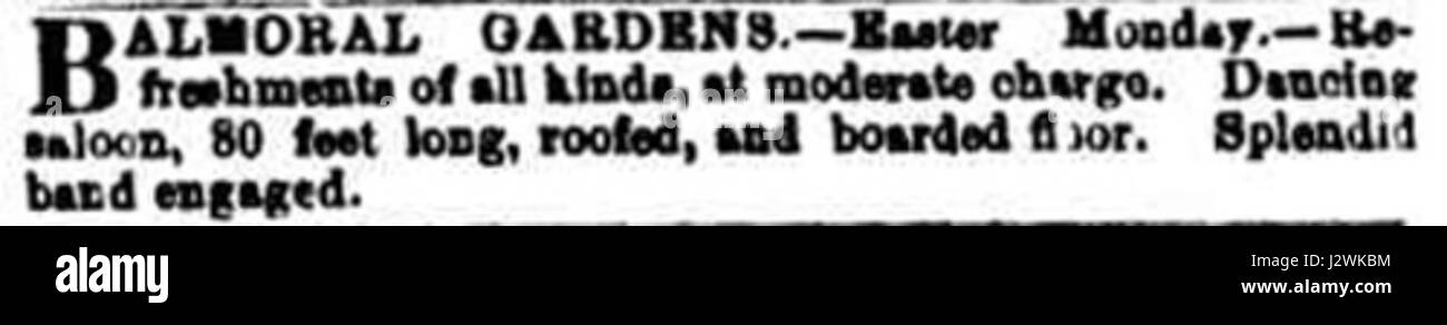Une publicité de 1864 faisant la promotion des jardins Balmoral, un jardin public à Londres. L'annonce met en évidence les caractéristiques et les attractions du jardin, invitant les visiteurs à profiter de sa beauté et de sa tranquillité. Banque D'Images