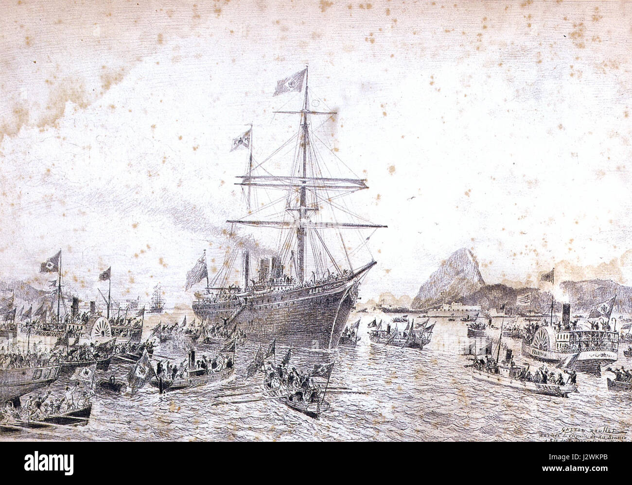 Cette image historique représente l'arrivée du *Rio Branco* en 1879, marquant un moment important dans l'histoire du navire et son importance dans l'histoire maritime. Banque D'Images