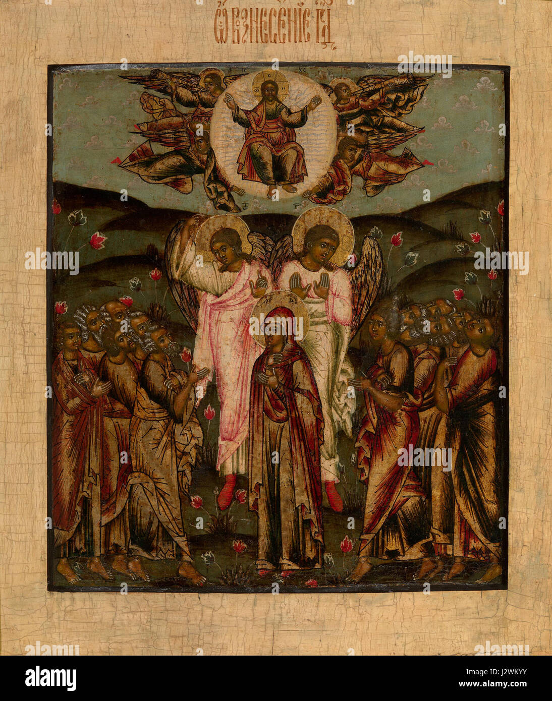 'Ascension de Yaroslavl' est une peinture du XVIIIe ou XIXe siècle, conservée dans une collection privée. Il représente le thème religieux de l'Ascension, un moment charnière de la tradition chrétienne. Banque D'Images