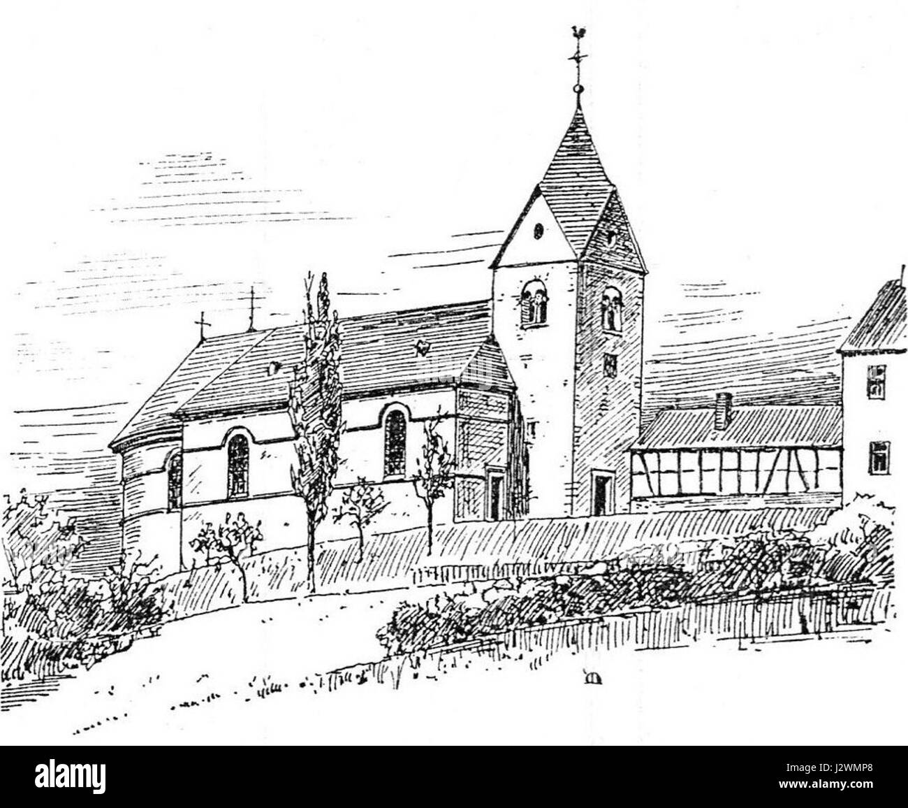 Cette image montre l'église d'Aegidienberg, un bâtiment historique en Allemagne, capturé en 1907, soulignant sa conception architecturale et son importance culturelle au début du XXe siècle. Banque D'Images