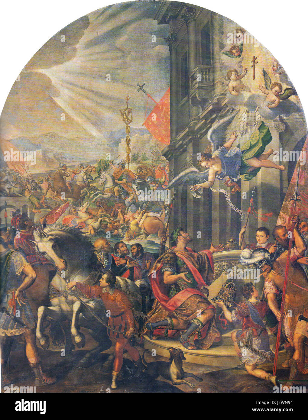 Apparizione della croce a Costantino (L'apparition de la croix à Constantin) est une peinture religieuse de Grazio Cossali représentant le moment où l'empereur Constantin a vu une vision d'une croix dans le ciel avant une bataille cruciale. L’œuvre illustre un événement important de l’histoire chrétienne, symbolisant la conversion de Constantineâ€™au christianisme, qui a eu un impact profond sur l’Empire romain. Banque D'Images