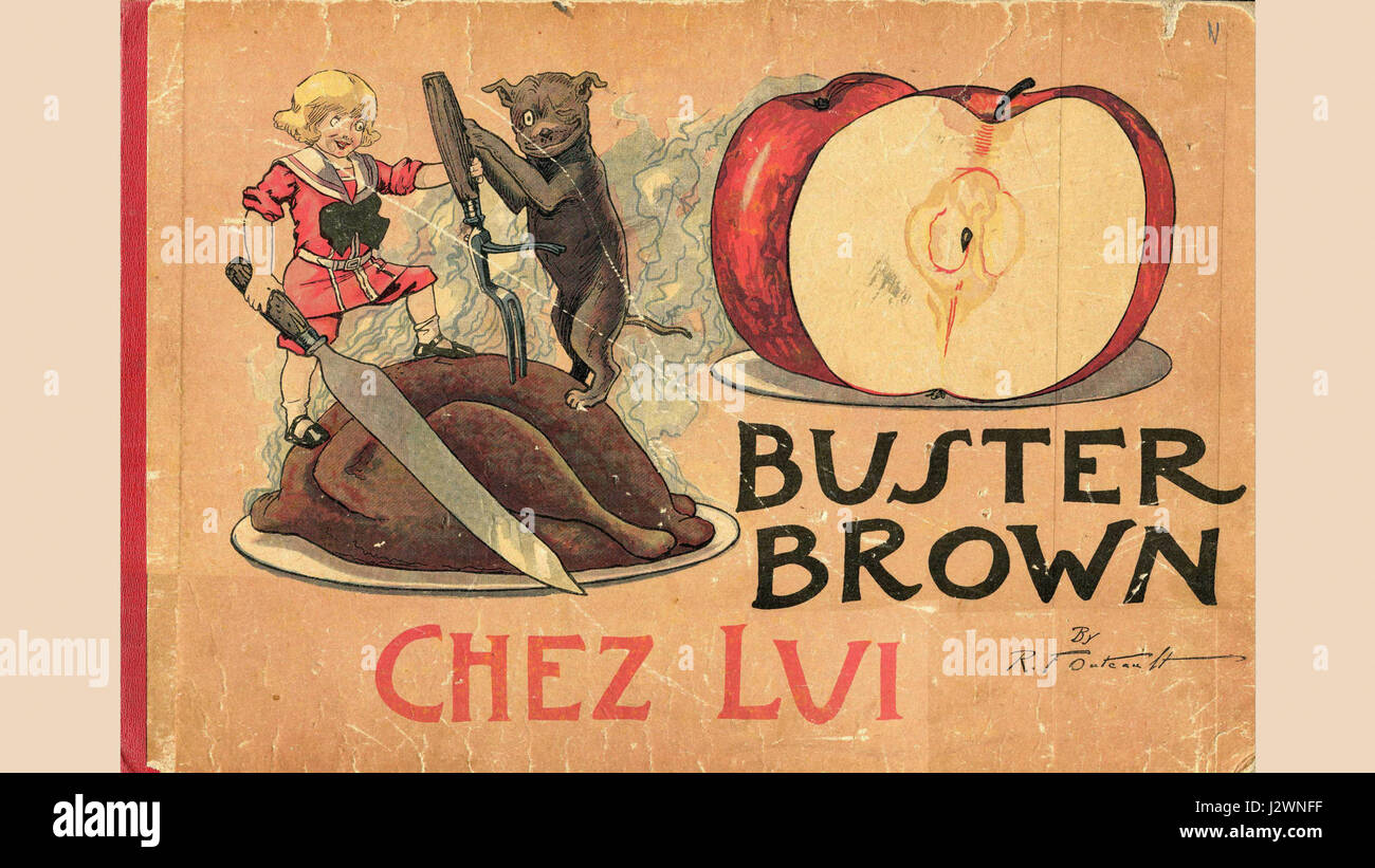 Une image célèbre de Buster Brown, un personnage de dessin animé américain du début du XXe siècle, représenté dans un cadre familial, montrant sa nature ludique emblématique et son charme. Banque D'Images