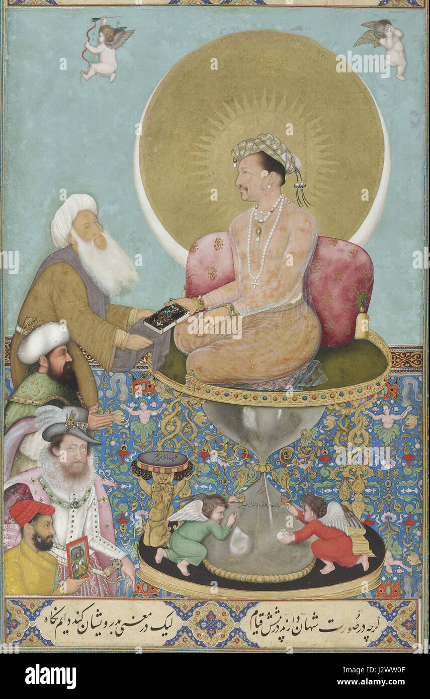 La peinture de Bichitr 'Jahangir préférant un cheikh soufi aux rois' est une œuvre d'art renommée de l'Empire moghol, créée vers 1615. La peinture représente l'empereur moghol Jahangir dans un cadre de cour royale, offrant un traitement préférentiel à un saint soufi par rapport aux rois, illustrant la dévotion spirituelle du Emperorâ€ ™ et l'influence du soufisme dans la culture moghole. Banque D'Images