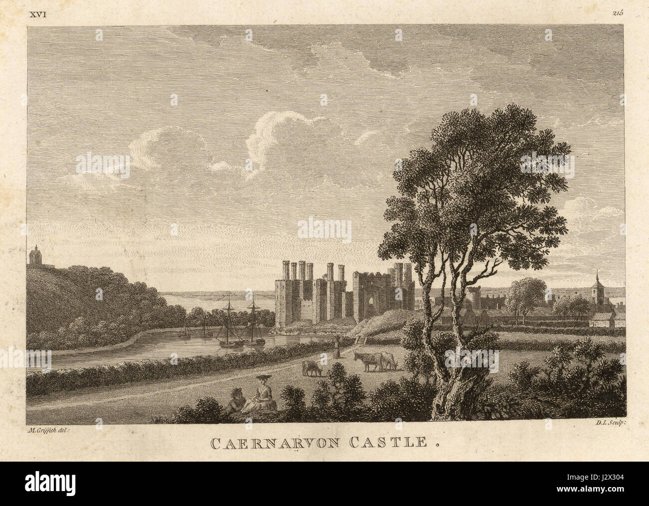 Cette œuvre de Moses Griffith représente le château de Caernarfon, une forteresse médiévale au pays de Galles. La peinture capture les caractéristiques architecturales et l'importance historique du château, un site classé au patrimoine mondial de l'UNESCO connu pour son rôle stratégique dans l'histoire galloise. Banque D'Images
