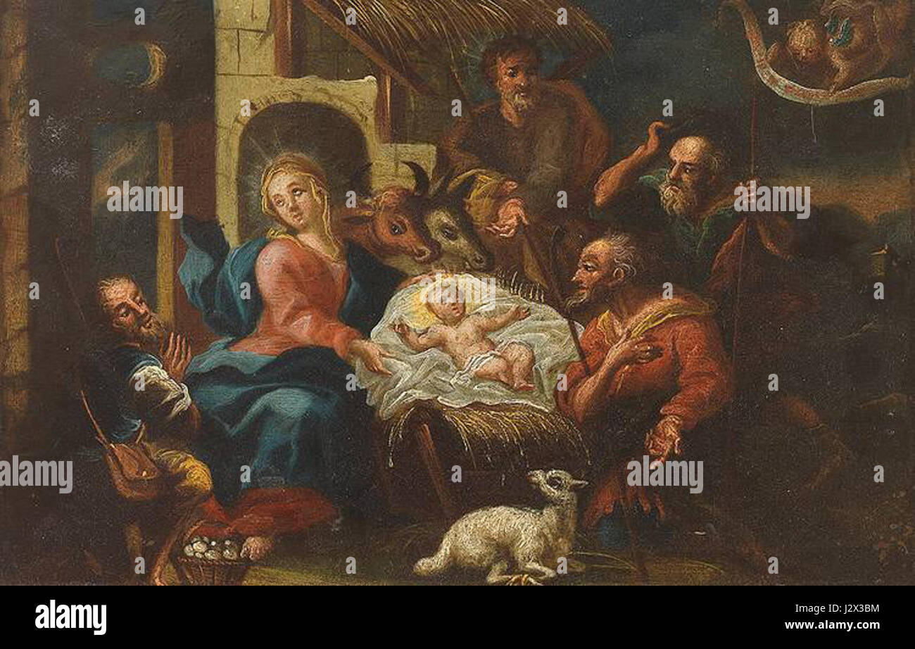 *Anbetung der Hirten* (Adoration des bergers) est une œuvre d'art des années 1700 représentant la scène biblique des bergers adorant le nouveau-né Jésus. Cette pièce classique est un reflet du baroque religieux compris Banque D'Images