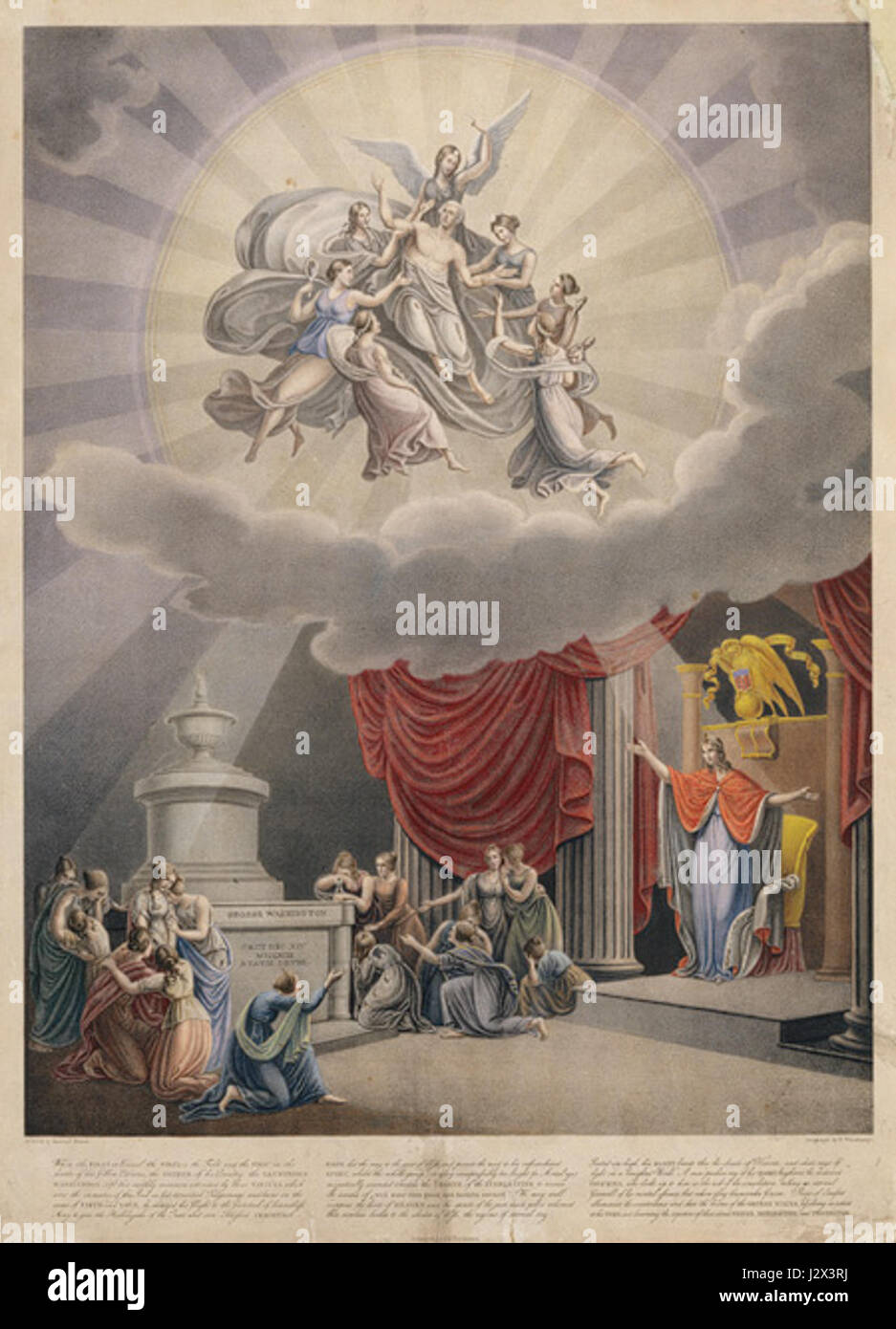 Lithographie de l'Apothéose de George Washington, représentant sa déification d'une manière grandiose et symbolique, souvent utilisée dans les œuvres patriotiques et commémoratives américaines. Banque D'Images