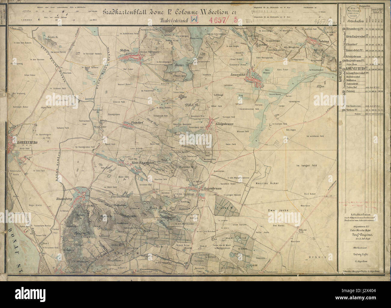 Aufnahmeblatt 4657-3a est une carte détaillée de la région de Bisamberg en Autriche. C'est un artefact historique important qui fournit des informations géographiques et sur l'utilisation des terres pour la région au XIXe siècle. Banque D'Images