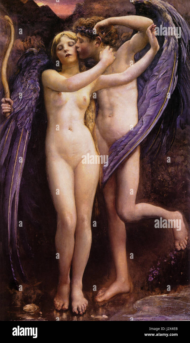 Cupidon et Psyché d'Annie Swynnerton (1891) dépeint l'histoire mythologique de Cupidon et Psyché, capturée dans une peinture symbolique et émotionnelle. L'œuvre reflète l'intérêt victorien pour la mythologie classique et l'imagerie symbolique, mêlant à la fois émotion et mythologie en visuel Banque D'Images