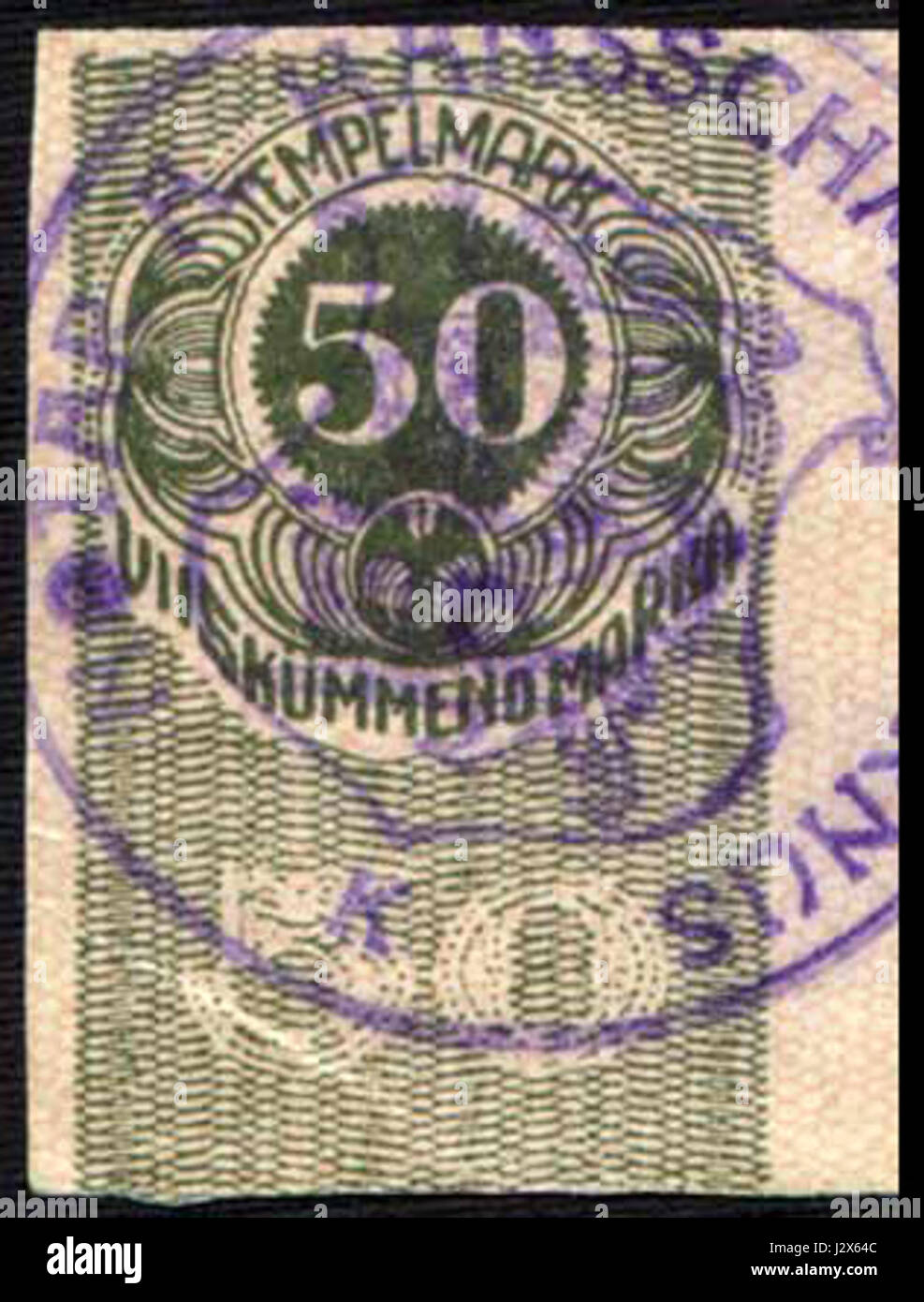 Cette étiquette adhésive estonienne, datée de 1919, est un artefact historique représentant les premières années de l'indépendance de l'Estonie. Le label 50m a été utilisé pour les services postaux, marquant une période importante dans l'histoire estonienne après sa déclaration d'indépendance en 1918. Banque D'Images