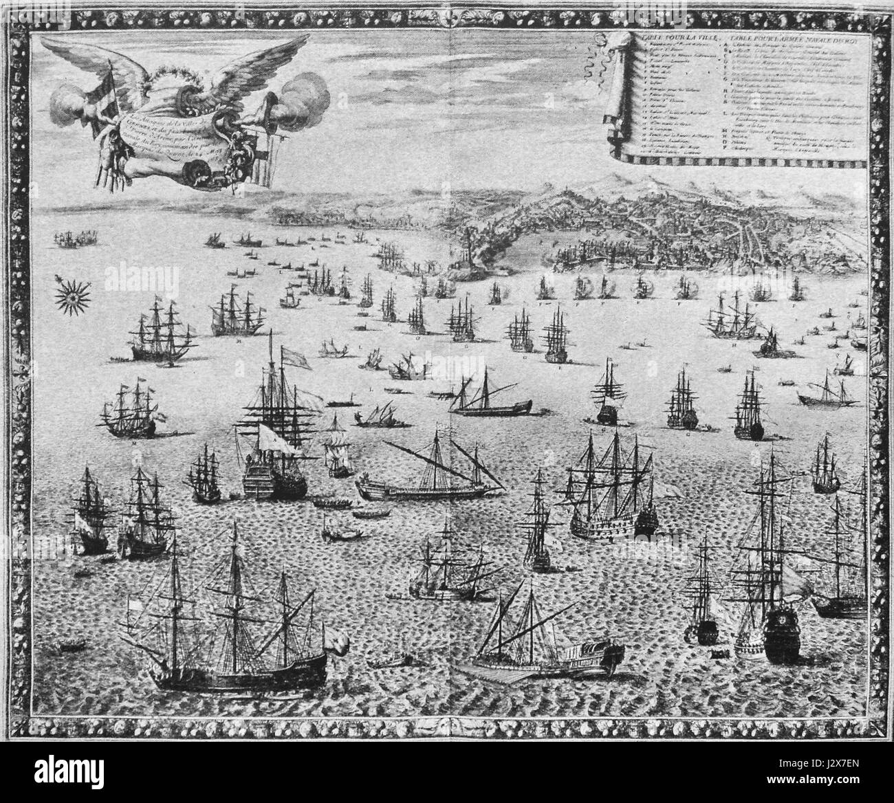 Le « bombardement de gènes » fait référence à un conflit militaire impliquant la flotte française, dirigée par Duquesne, en 1684. L’événement est significatif dans le contexte de l’histoire navale française et de la défense de la région près de Beaulieu le Donjon. Banque D'Images
