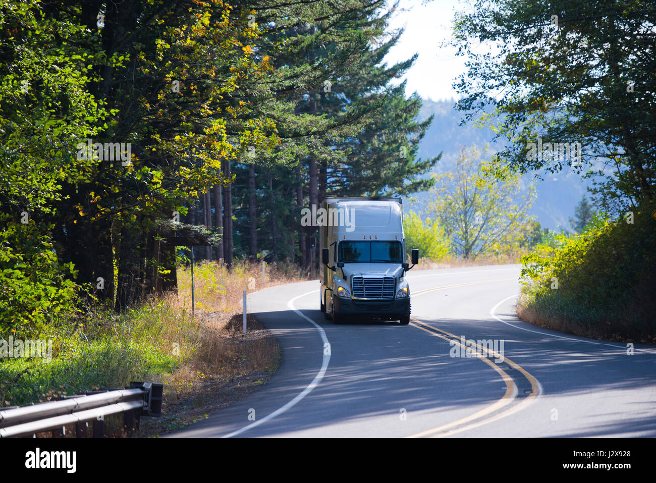 Puissant moderne blanc semi professionnel camion conduit avec remorque et se déplaçant sur une route sinueuse au milieu des arbres verts éclairés par les rayons de chaleur su Banque D'Images