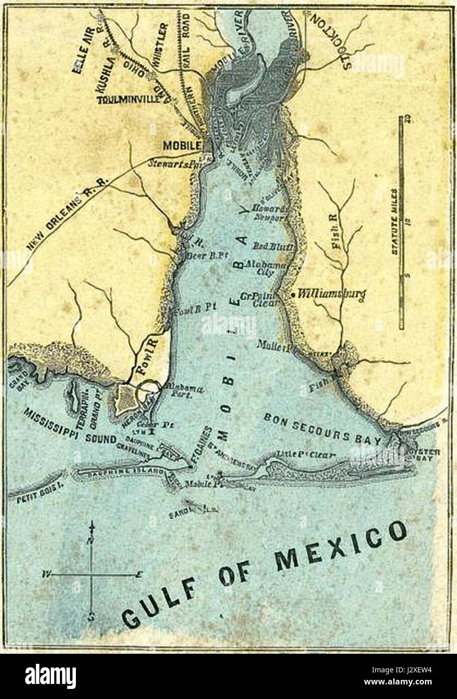 Une carte représentant la bataille de Mobile Bay, un engagement naval important pendant la guerre de Sécession en 1864. La marine de l'Union, sous les ordres de l'amiral Farragut, défait la flotte confédérée, assurant le contrôle de Mobile Bay. Banque D'Images