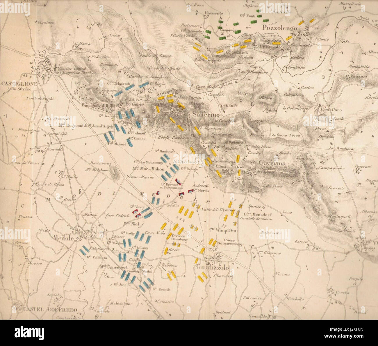 Carta Battaglia Solferino fait référence à une carte historique détaillant la bataille de Solferino, livrée en 1859 entre la France et l'Empire autrichien, pivot de la seconde Guerre d'indépendance italienne. Banque D'Images