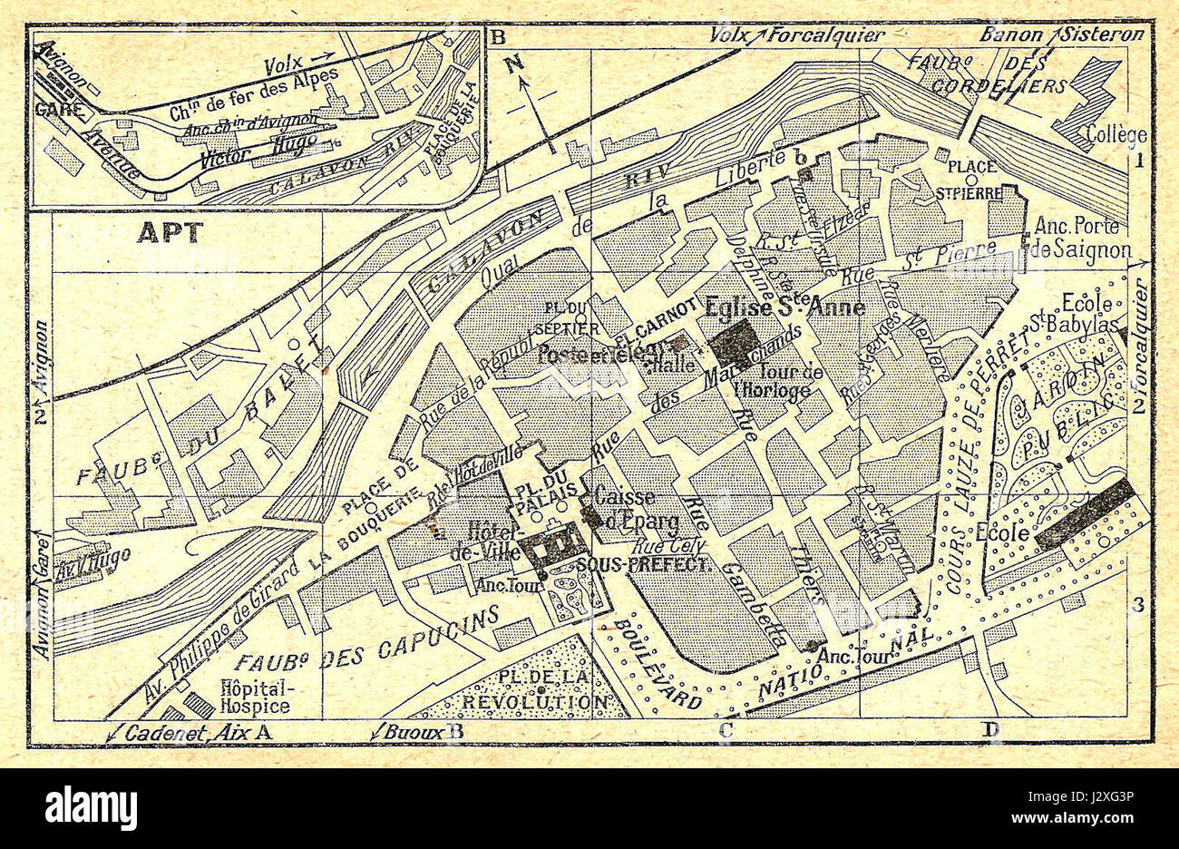 La carte 'Apt-1921-carte-08' présente le plan détaillé et les caractéristiques de la ville d'Apt en 1921, reflétant sa géographie historique. Banque D'Images
