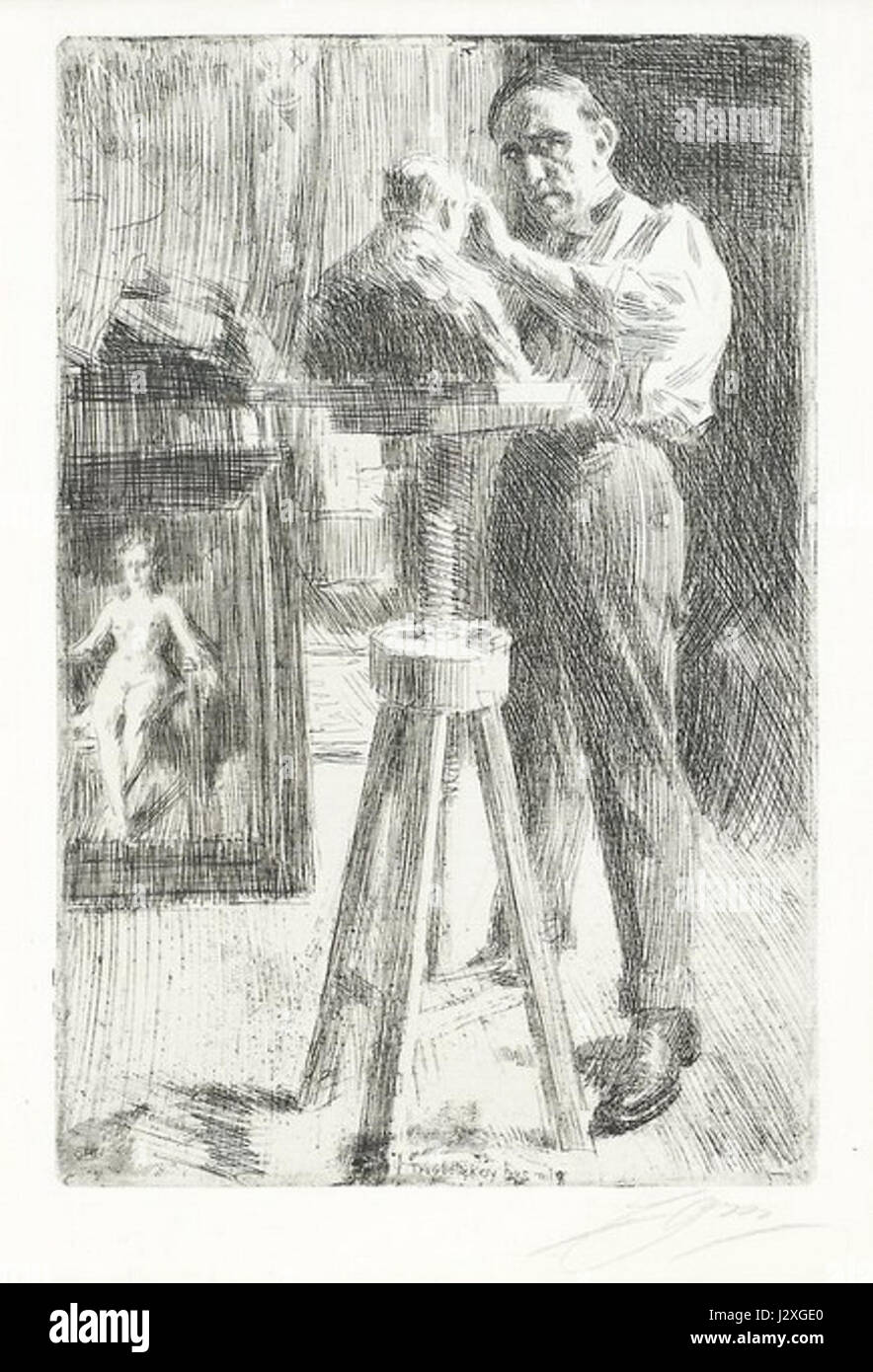 Cette gravure de l'artiste suédois Anders Zorn, créée en 1908, représente le prince Paul Troubetzkoy I. Zorn était réputé pour sa maîtrise du portrait et son utilisation habile de la lumière et de l'ombre. Banque D'Images