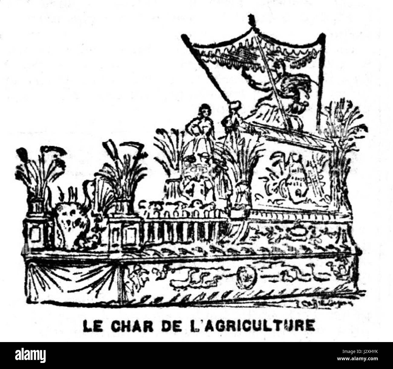 'Char de l'Agriculture 1902' est une œuvre d'art française représentant un flotteur ou un flotteur de parade agricole de 1902, célébrant l'agriculture et les traditions rurales avec des images symboliques. Banque D'Images