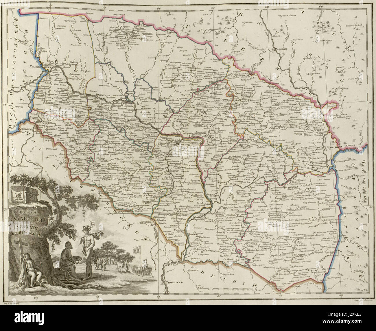 Cet atlas de 1800 détaille le gouvernorat de Kazan de l'Empire russe, offrant un aperçu géographique et administratif de la région pendant la période impériale. Il fournit des données historiques précieuses sur la structure territoriale de l'empire. Banque D'Images