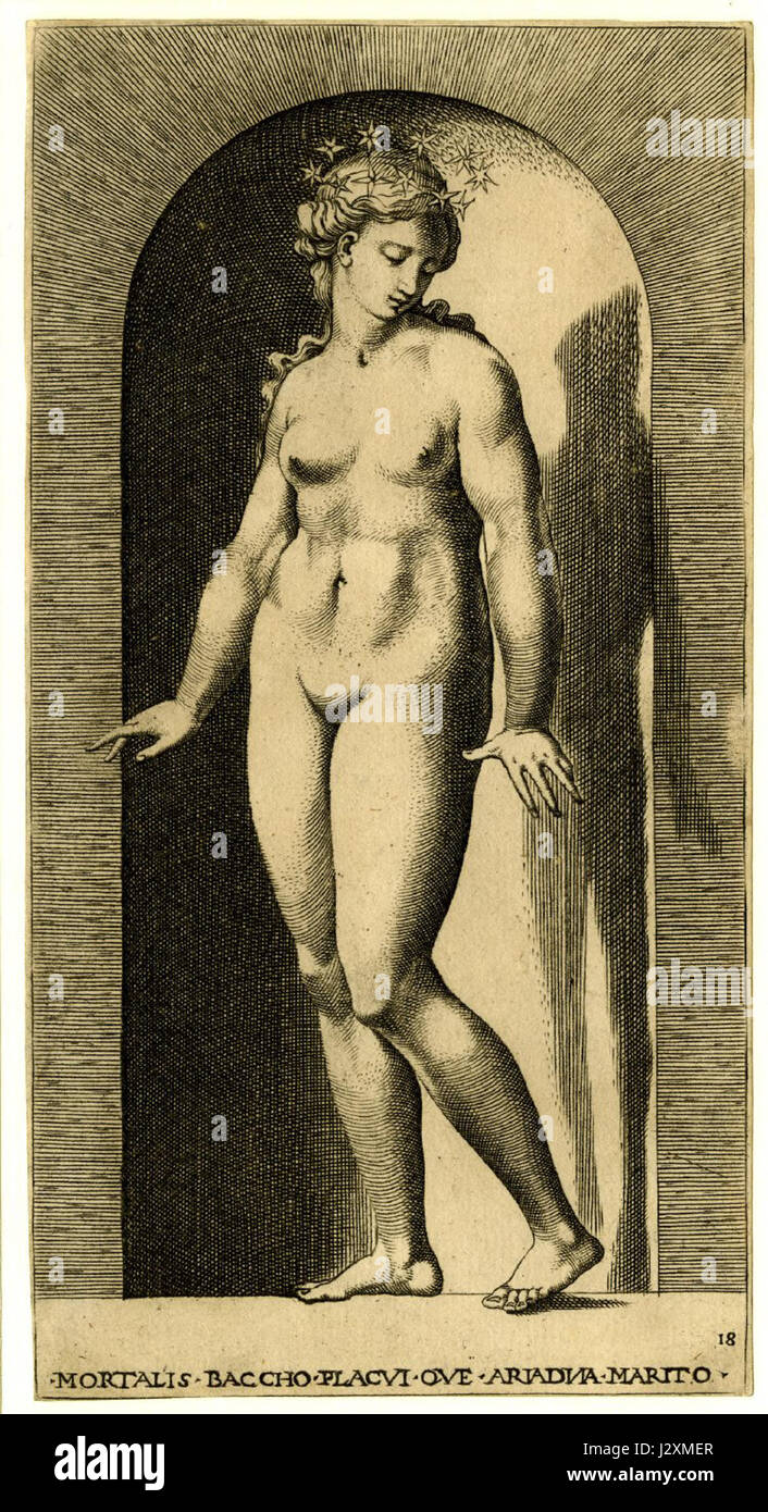 Cette œuvre représente la figure mythologique Ariane dans une niche, sculptée par l'artiste Caraglio. La représentation montre l'expression émotionnelle de Ariadneâ€™ en attendant Thésée, dans le contexte de la mythologie grecque antique. Banque D'Images