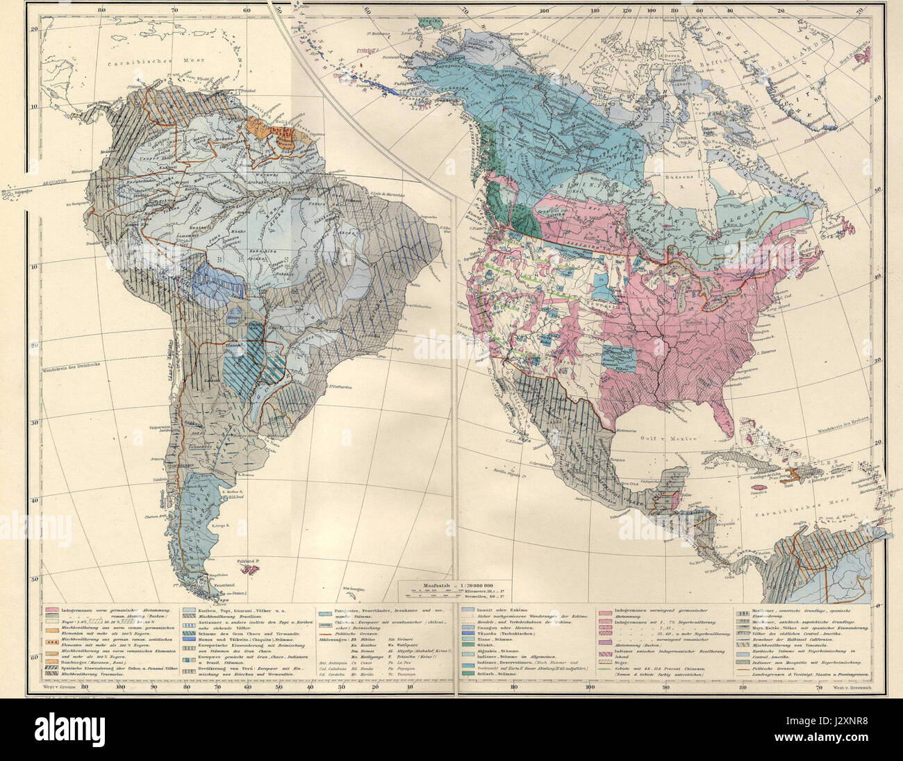 Cette carte ethnique de l'Amérique, datant d'environ 1880, illustre la répartition des différents groupes ethniques à travers les États-Unis. Il offre une vue historique du paysage démographique à une époque de migration importante et de diversification culturelle. Banque D'Images