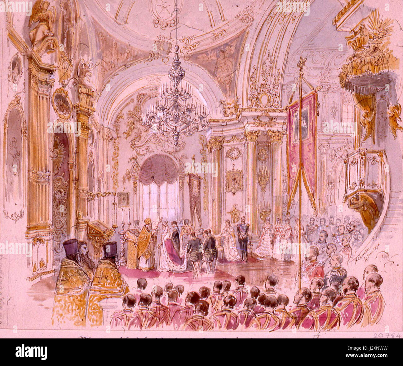 Ce tableau de Nicholas Chevalier, créé en 1874, représente le mariage d'Alfred d'Édimbourg. L’œuvre met en lumière les cérémonies royales du XIXe siècle et l’interprétation artistique de ces événements. Banque D'Images