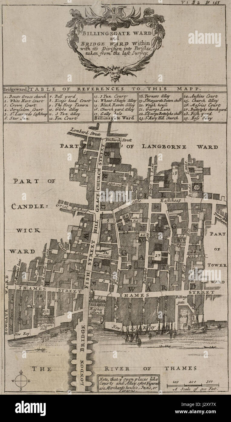 Le cartographe de Billingsgate, avec Richard Blome et John Stow, a contribué à une carte de 1720 de la région de Billingsgate, offrant un aperçu de la cartographie britannique historique. Banque D'Images