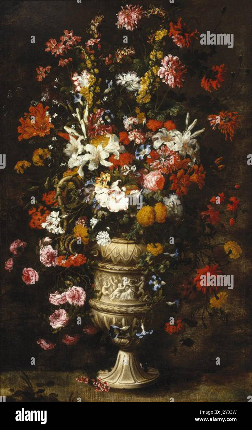 Cette peinture, intitulée 'fleurs dans un vase figuré', a été créée par le célèbre artiste flamand Jan Peeter Brueghel. Il est exposé au Brooklyn Museum et présente les œuvres de natures mortes florales détaillées de Brueghelâ€™. Banque D'Images