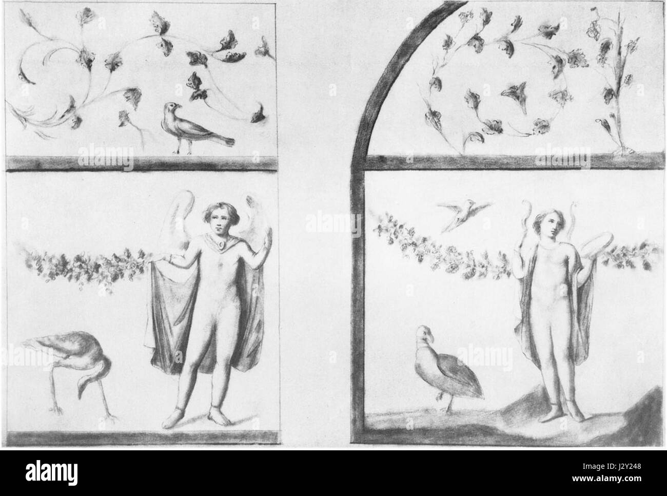 Cette reproduction de 1891 d'une peinture murale romaine représente des dessins complexes et des scènes typiques de l'art romain antique, en se concentrant sur les éléments décoratifs qui ornaient les murs des maisons romaines. Banque D'Images