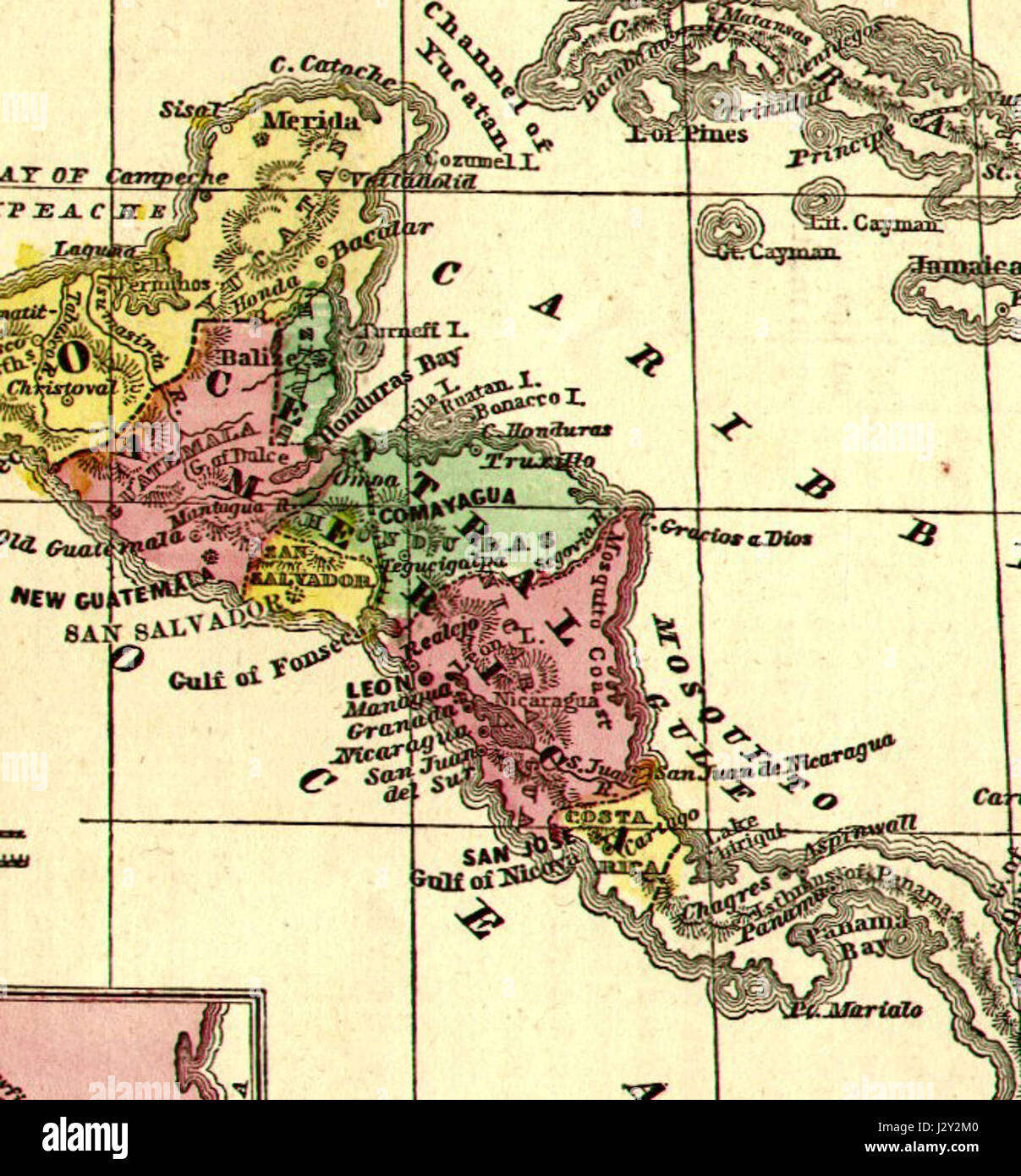Cette carte de 1860 de l'Amérique centrale montre les frontières politiques, les caractéristiques géographiques et les villes importantes de la région au XIXe siècle. Il fournit un aperçu historique de la disposition et du développement du areaâ€™ à une époque de changements politiques et de conflits. Banque D'Images