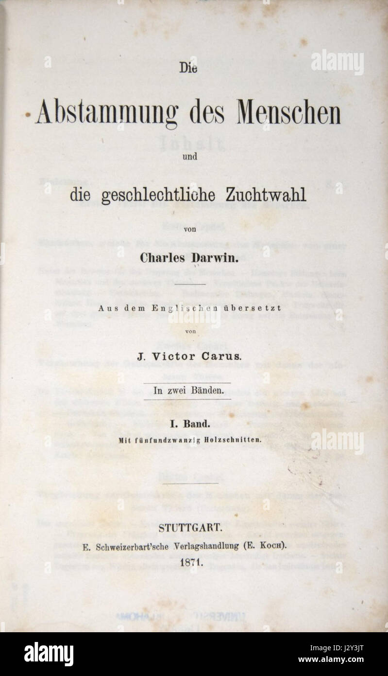 'Abstammung des Menschen' (1871) de Charles Darwin est un ouvrage important en biologie évolutive, dont la page de titre marque la publication des théories de Darwinâ sur l'évolution humaine. Banque D'Images